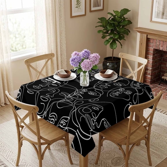 Abstract Black Human Face Square Tablecloth 54x54 Inch Mid Century Aesthetic Portrait Waterproof Tablecloth for Dining Table, Washable Table Cover for Kitchen Dining Room Decoration,Stain Resistant