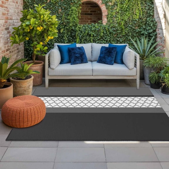 Abstract Black Indoor Outdoor Rugs 4x6 Ft, Grey Stripes Moroccan Geometric Modern Retro Outdoor Patio Rugs Mat Washable Outside Area Rugs Carpet for Porch Deck RV Camping Pool Balcony Backyard