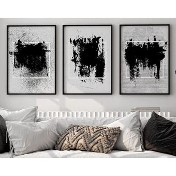 Abstract Black Ink Splatter Minimalist Monochrome Grunge Paint Texture For Contemporary Décor Poster, Set 3, Poster Only