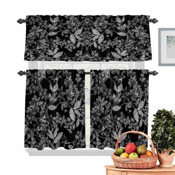 Abstract Black Kitchen Curtains Valances 3 Piece Set, and White Flowers ...