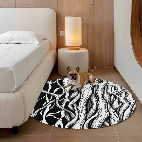 Abstract Black Line 3ft Round Rug for Bathroom Accent Bedside Corner, Tree Trunk Texture Modern Simple Hand-painted Washable Non Slip Circle Area Rug for Small Spaces