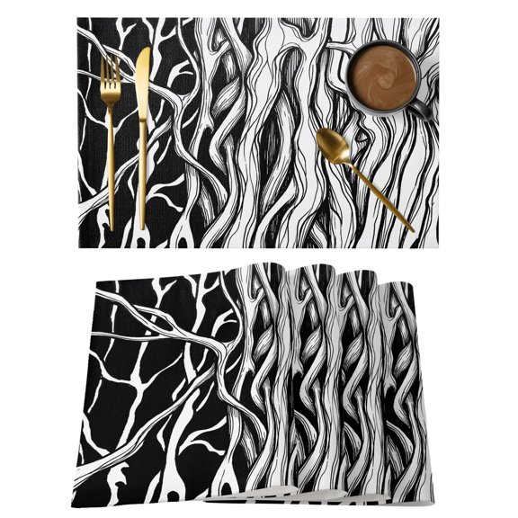 Abstract Black Line Cotton Linen Placemats Set of 1, Tree Trunk Texture Modern Simple Hand-painted Washable Table Place Mats Heat Insulating Placemat for Dining Room Kitchen Daily Use 13 x 19 Inch