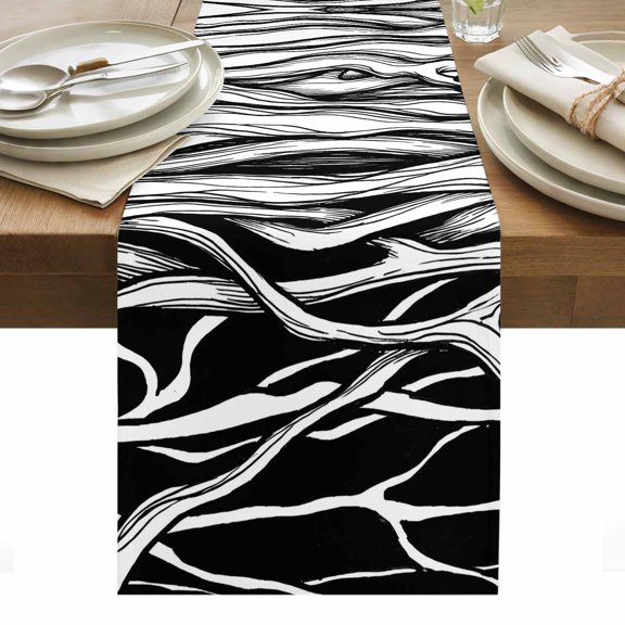 Abstract Black Line Cotton Linen Table Runner Tree Trunk Texture Modern Simple Hand-painted Dining Table Runners for Home Decor Party Dining Room Restaurant Kitchen Party 13" x 36"