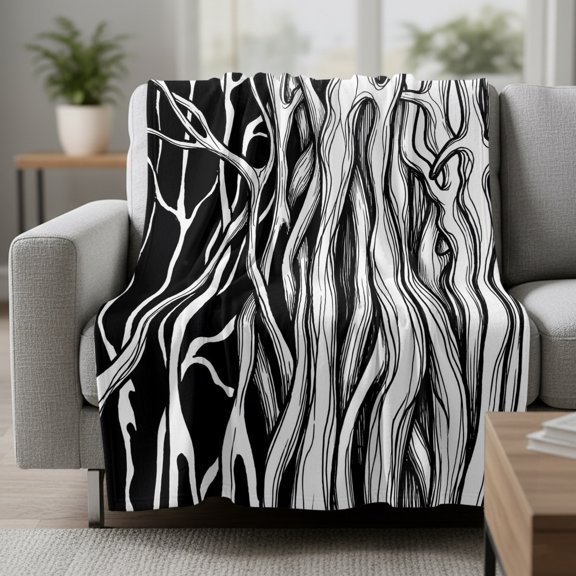 Abstract Black Line Fleece Throw Blanket Tree Trunk Texture Modern Simple Hand-painted Ultra Soft Fuzzy Cozy Flannel Throw Blanket for Couch Sofa Bed Car Travel, Ideal Gifts 30x40 Inches