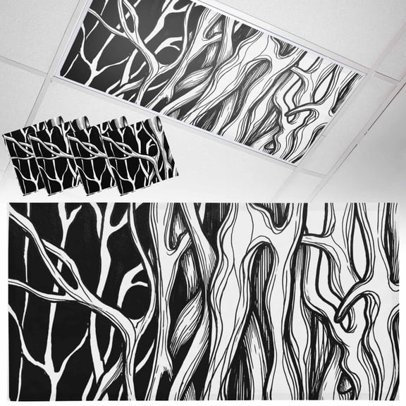 Abstract Black Line Fluorescent Light Covers Tree Trunk Texture Modern Simple Hand-painted Magnetic Light Filters Ceiling Lighting Panel Shade for Classroom Office Home 2 x 4 ft, 4 Pack