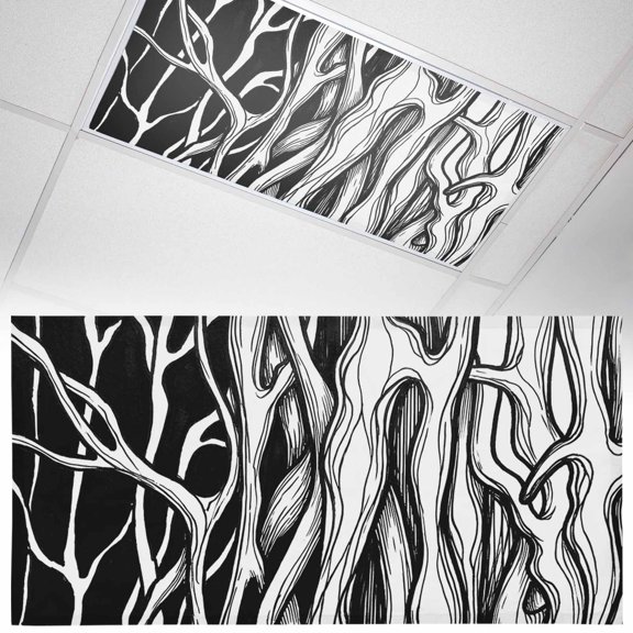 Abstract Black Line Fluorescent Light Covers Tree Trunk Texture Modern Simple Hand-painted Magnetic Light Filters Ceiling Lighting Panel Shade for Classroom Office Home 2 x 4 ft, 1 Pack
