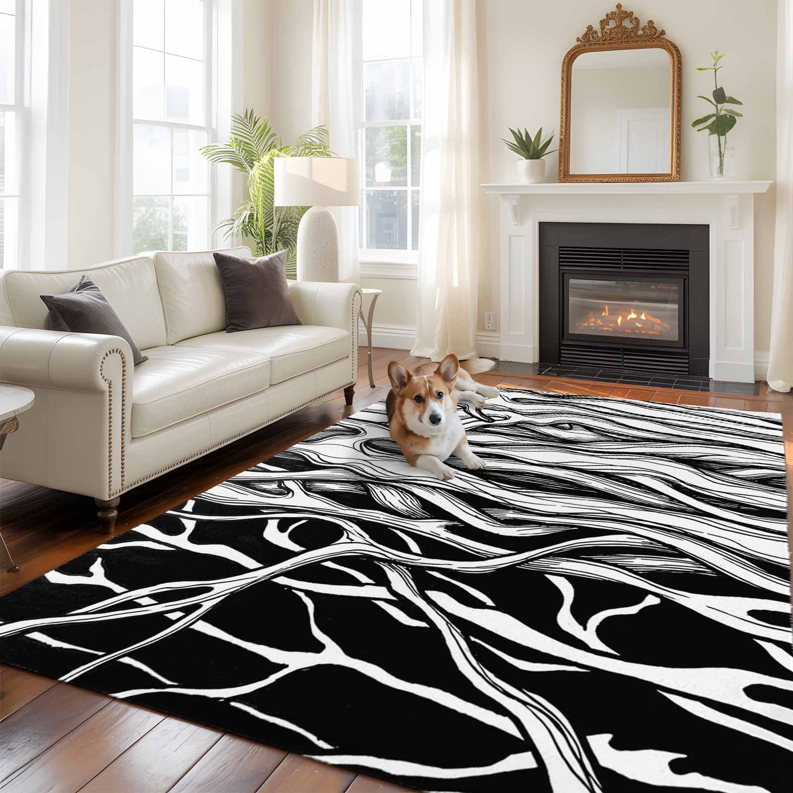 Abstract Black Line Large Area Rugs 8x10 ft Tree Trunk Texture Modern ...