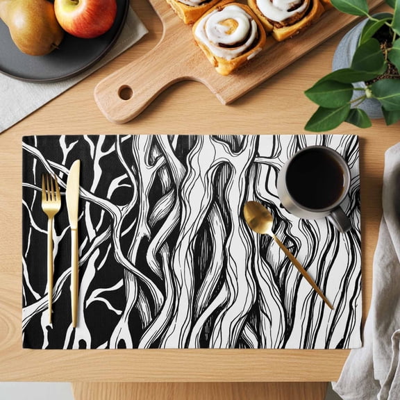 Abstract Black Line Placemats Set of 1, Tree Trunk Texture Modern Simple Hand-painted Heat Insulated Linen Place Mats, Washable Stain-Proof Table Mats for Dining Tables Holiday Decor 13x19 Inches