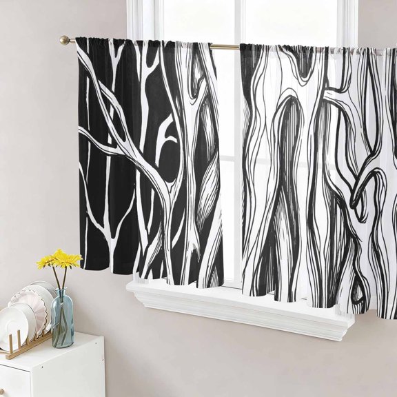 Abstract Black Line Sheer Curtains for Living Room Bedroom, Tree Trunk Texture Modern Simple Hand-painted Light Filtering Sheer Curtain Rod Pocket Voile Window Treaments Drapes, 52 x 45 Inches