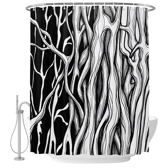Abstract Black Line Shower Curtain for Bathroom, Tree Trunk Texture Modern Simple Hand-painted Waterproof Cloth Fabric Bathroom Accessories Set with 9 Rust Proof Plastic Hooks, 36"x72"