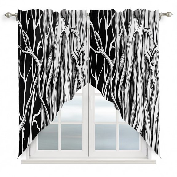 Abstract Black Line Swag Curtain Valance for Small Windows, Tree Trunk Texture Modern Simple Hand-painted Window Treatments Rod Pocket Short Topper Valances for Kitchen Bathroom, 28"x36" 2 Pack