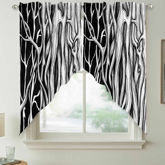 Abstract Black Line Swag Kitchen Curtain Valances, Tree Trunk Texture Modern Simple Hand-painted Rod Pocket Curtains Window Treatment Decor Valances for Bedroom Bathroom, 2 Panels 36 x 45 Inch