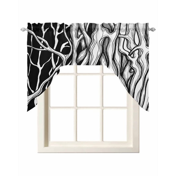 Abstract Black Line Swag Valance for Window, Tree Trunk Texture Modern Simple Hand-painted Light Filtering Swag Curtain Rod Pocket Kitchen Curtain Valance for Bedroom
