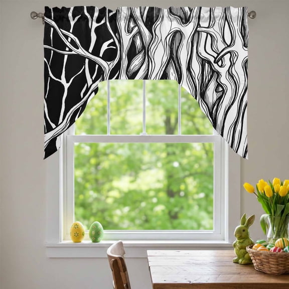 Abstract Black Line Swag Valances for Kitchen Window, Tree Trunk Texture Modern Simple Hand-painted Small Swag Valances Rod Pocket Curtain Drapes Window Treatment for Bedroom Bathroom, 56x36 Inch