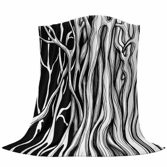 Abstract Black Line Throw Flannel Blanket Tree Trunk Texture Modern Simple Hand-painted Super Soft Cozy Bed Blanket, Lightweight Plush Fuzzy Bed Throw for Bedroom Sofa Couch Living Room 50x80In,