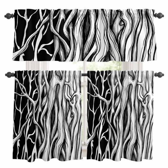 Abstract Black Line Window Curtains Valance Set of 3 Tree Trunk Texture Modern Simple Hand-painted Rod Pocket Small Kitchen Curtain, Soft Window Treatment for Bedroom Party Holiday Decor
