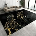 Abstract Black Marble Area Rugs, Gold Swirl Water Waves Washable Carpet