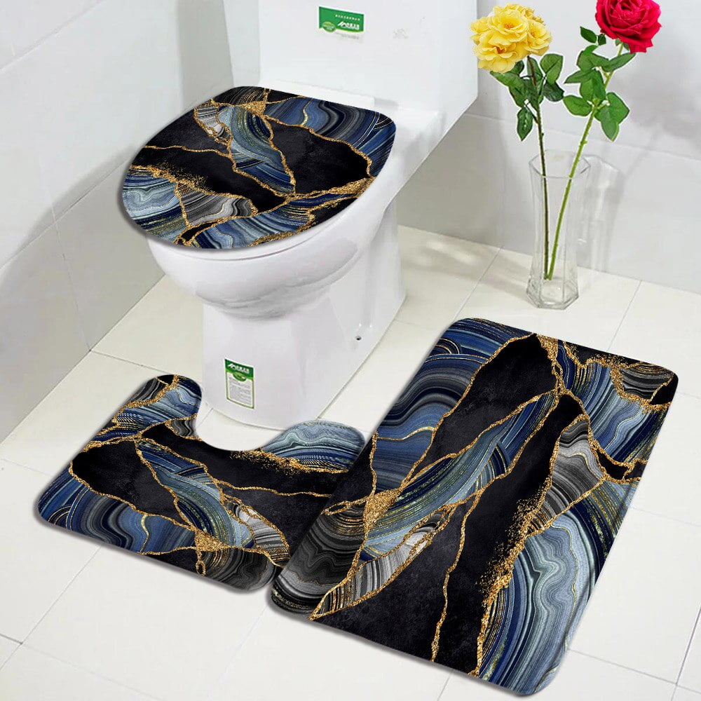 Abstract Black Marble Bath Mat Set Gold Lines Grey Textured Art ...