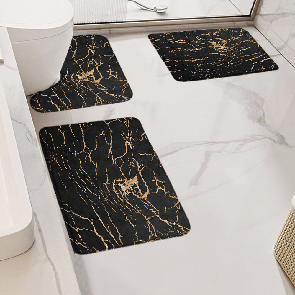 Abstract Black Marble Bath Mat Set Gold Textured Pattern Modern Luxury ...