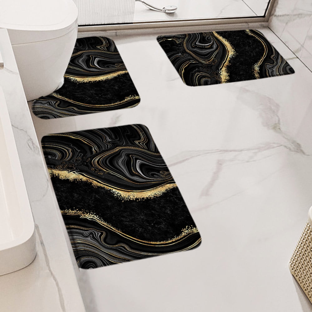 Abstract Black Marble Bath Mat Set Gold Textured Pattern Modern Luxury ...