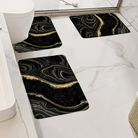 Abstract Black Marble Bath Mat Set Gold Textured Pattern Modern Luxury Home Carpet Bathroom Decor Non-Slip Rugs U-shaped Mats