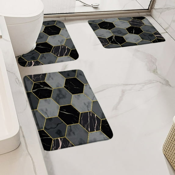 Abstract Black Marble Bath Mat Set Gold Textured Pattern Modern Luxury Home Carpet Bathroom Decor Non-Slip Rugs U-shaped Mats