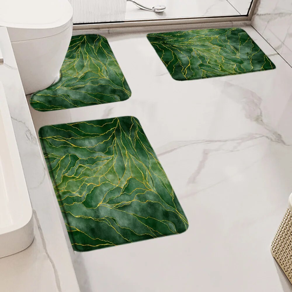 Abstract Black Marble Bath Mat Set Gold Textured Pattern Modern Luxury