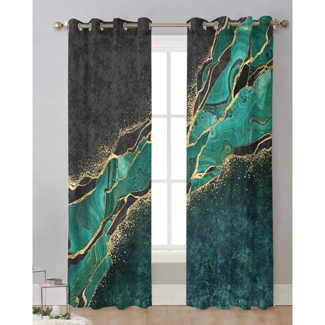 Abstract Black Marble Green Malachite Tulle Curtain for Living Room