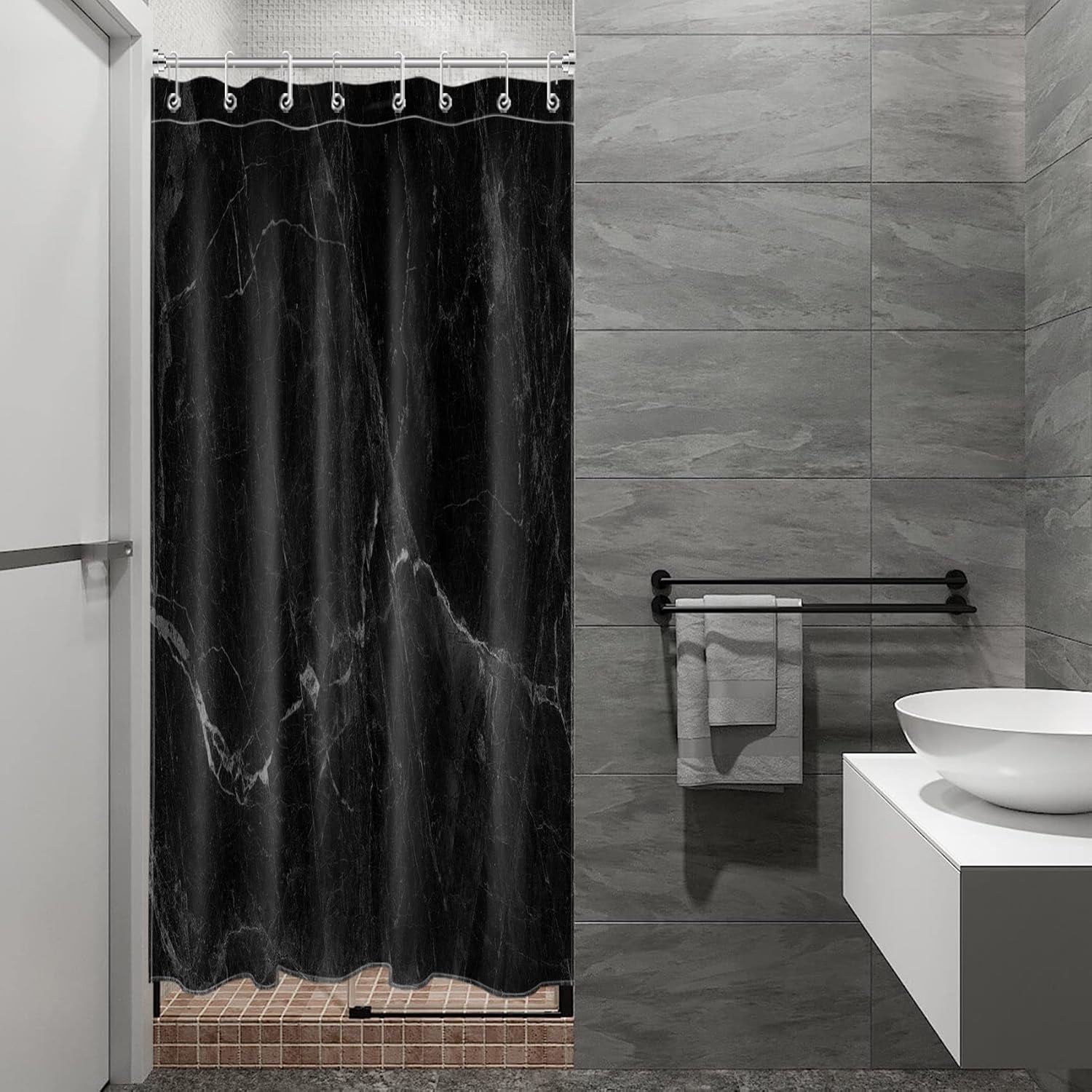 Abstract Black Marble Shower Curtain Decor, Minimalist Modern Grey