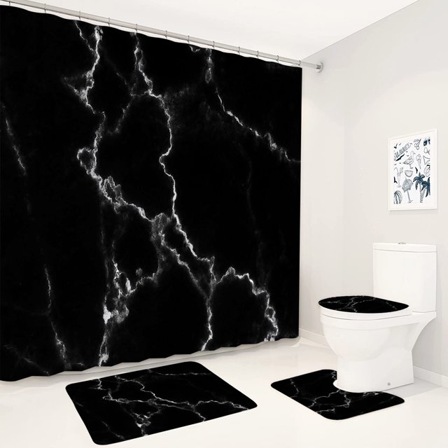 Abstract Black Marble Shower Curtain Set White Crackle Art Pattern