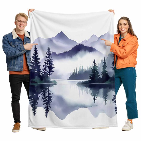 Abstract Black Mountain Flannel Blanket for Bed,Travel and Camping, Fog Lake Landscape Painting Super Soft Cozy Blanket for All Seasons 60"x80"
