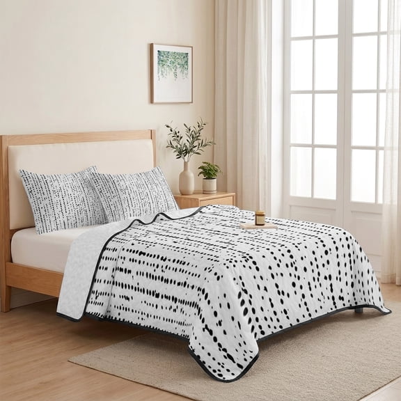 Abstract Black Polka Dot 3 Pieces Quilt Set,1 Quilt with 2 Shams,Minimalist Dotted Pattern Bedspread Soft Lightweight Bedding Coverlet Comforter Set for All Season 68"x98"