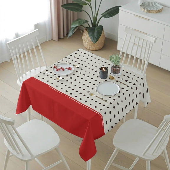 Abstract Black Polka Dot Table Cloth 54x54in, Waterproof Square Tablecloth Wipeable Tablecloths Modern Red Bottom Table Covers for Dining Tables Party Indoor Outdoor