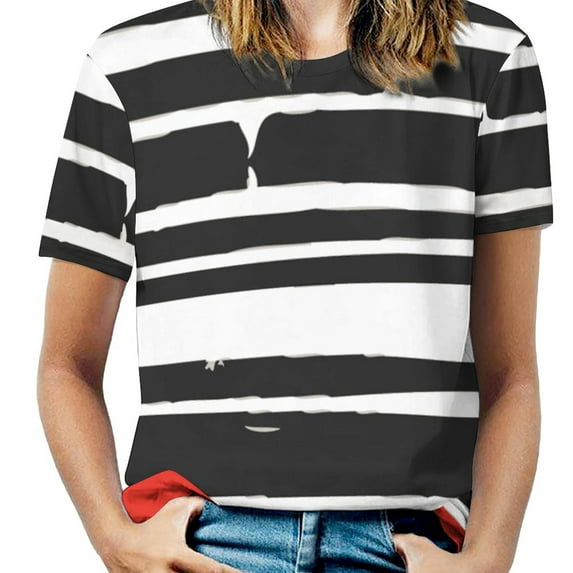 Abstract Black Red Stripe Slit Sleeve Cold Shoulder Print Women T Shirt Casual Summer Tee Tshirt Loose Top Texture Stripe