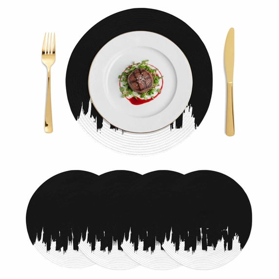 Abstract Black Round 13 Inch Placemats Set of 4, Modern Minimalist Graffiti Artwork HeatResistant Non Slip Place Mats for Dining Table, Wipeable Braided Kitchen Table Mats for Housewarming