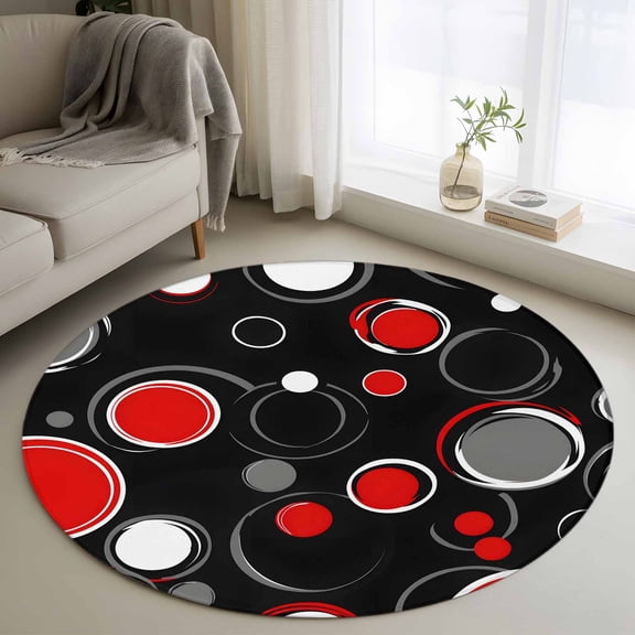 Abstract Black Round Area Rug 4ft, Modern Geometric Red Grey White Circle Washable Non-Slip Circle Rugs for Bedroom Living Room Kitchen, Soft Non Shedding Circle Carpet for Dining Room Dorm