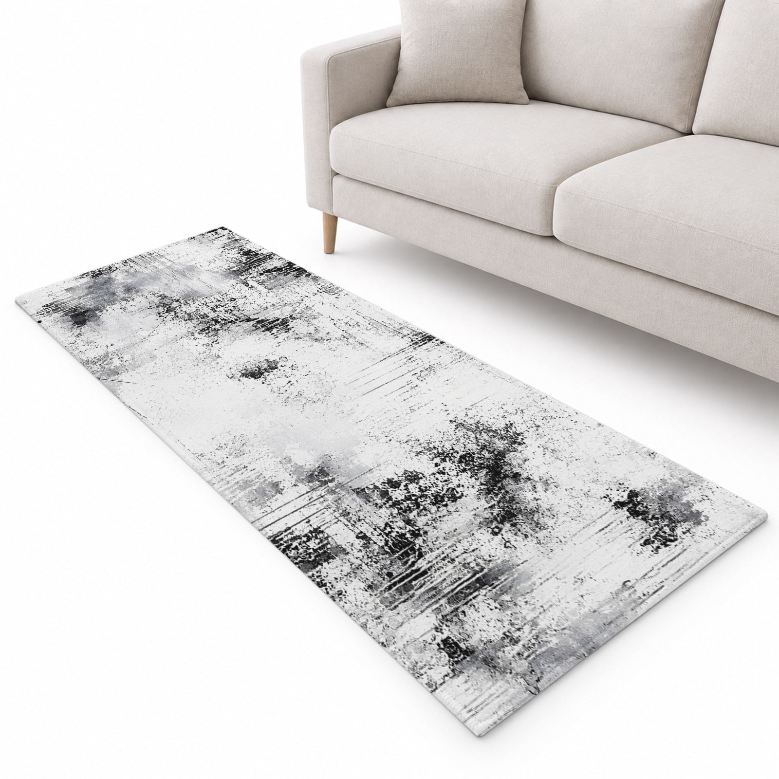 Abstract Black Runner Rug 2.6'x10', Grey White Stroke Splatter Texture ...