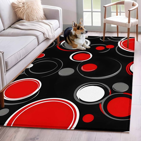 Abstract Black Runner Rug 2.7x5 FT, Non Slip Entryway Carpet, Modern Geometric Red Grey White Circle Washable Soft Floor Carpet Entrance Mat Non-Shedding Throw Rug for Hallway Laundry Room Bedside