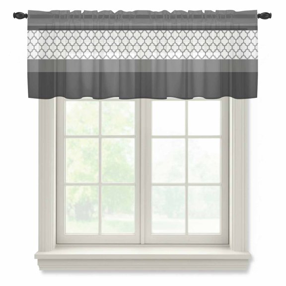 Abstract Black Semi Sheer Valance Curtains Grey Stripes Moroccan Geometric Modern Retro Voile Valances Curtain Rod Pocket Small Window Treatment for Kitchen Bathroom Cafe 60"x18"