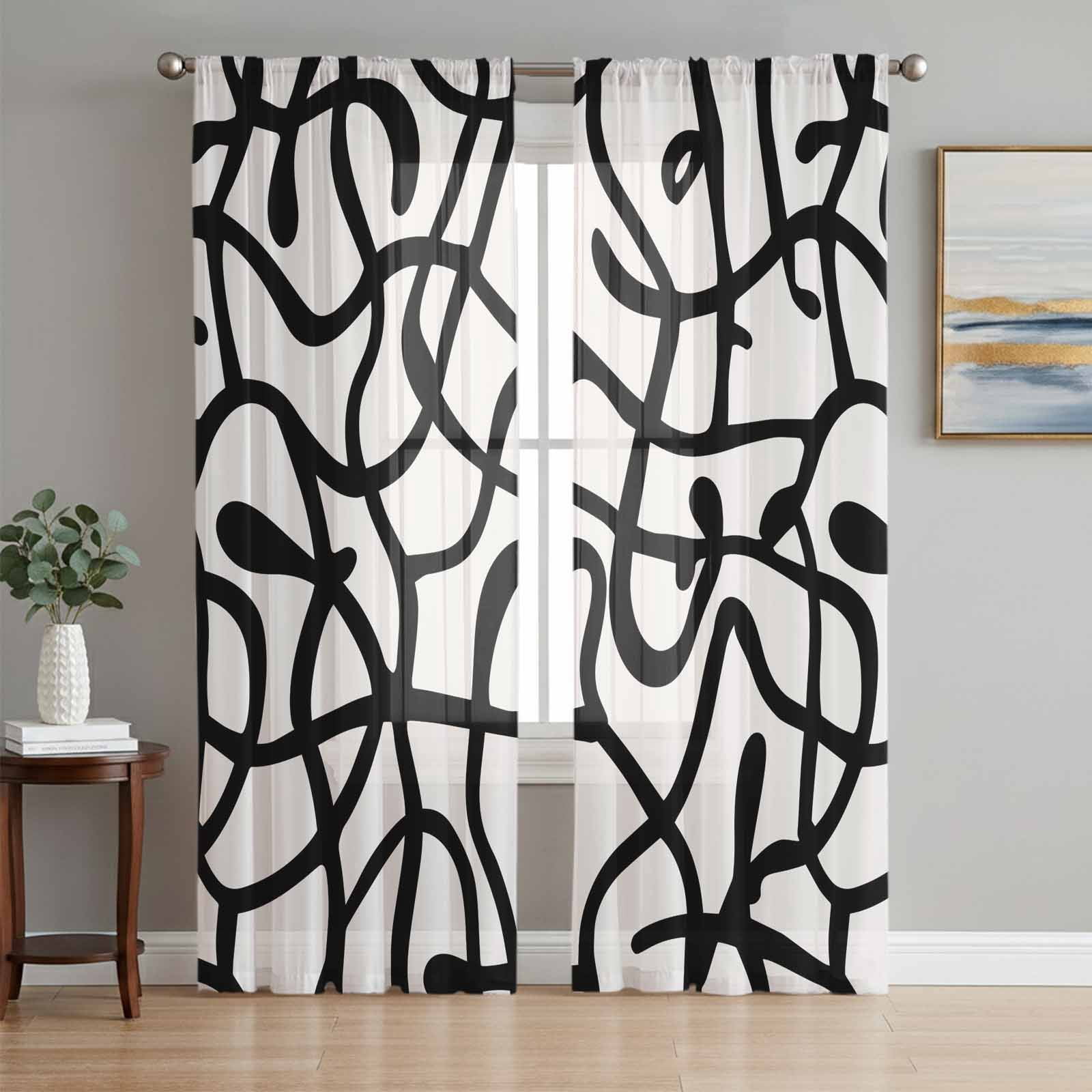 Abstract Black Sheer Curtains for Living Room Bedroom Bold Lines Modern ...