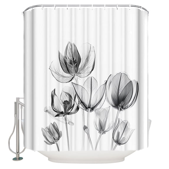 Abstract Black Shower Curtain, 48" x 72", Laser Tulip Flowers White Texture Waterproof Bathroom Curtain Washable Shower Curtain Set with 12 Hooks