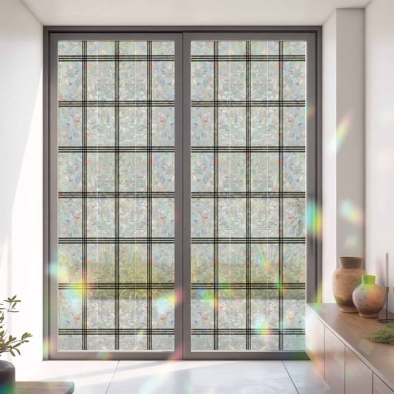 Abstract Black Stripe Lattice Window Privacy Film,Decorative Windows Static Cling Retro Linen Buffalo Plaid Heat Control Removable Glass Sticker for Home Bathroom Bedroom Window Door,35x79in
