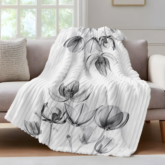 Abstract Black Throw Blanket for Couch Laser Tulip Flowers White Texture Soft and Warm Flannel 3D Striped Fluffy Fuzzy Fleece Blanket Lightweight Throw for Bed, Sofa 40 x 50 Inches