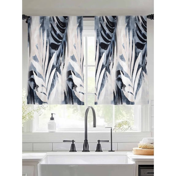 Abstract Black Tropical Leaves Sheer Curtains 54 Inches Long 2 Panels Summer Watercolor Plant Light Filtering Semi Sheer Window Curtains Drapes for Bedroom Living Room 52"x54"