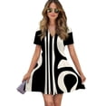 thumbnail image 1 of Abstract Black White Art Design Women Dress V-Neck Short Sleeve Flowy Swing Party Midi Dress, 1 of 4