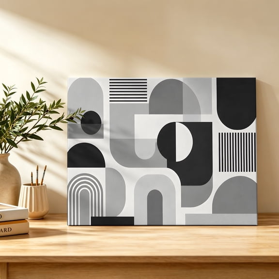 Abstract Black White Canvas Wall Art, Modern Boho Minimalist Arch Sun Stripe Block Wall Art Prints Artwork Framed Canvas Ready to Hang Art Pictures for Bathroom Bedroom Entry Desk Corner 10" x 8"