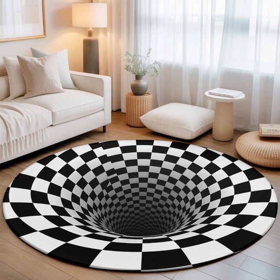 Abstract Black White Checkered Round Rug 5ft Vortex Style Buffalo Plaid Washable Area Rugs for Living Room Bedroom Entryway Non Slip Entrance Door Mat Indoor Floor Carpet