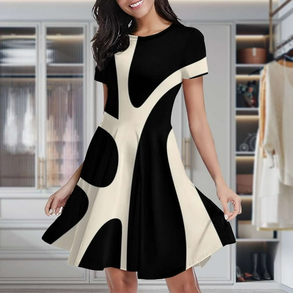 Abstract Black White Design Women's Classic Swing Skater Dress Casual Work Party Cocktail Dresses