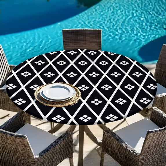 Abstract Black White Geometric Pattern Round Fitted Tablecloth with ...
