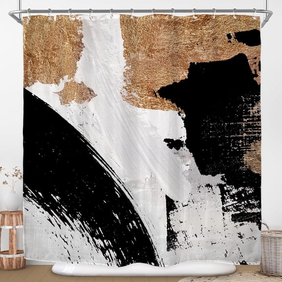 Abstract Black White Gold Shower Curtain for Bathroom Decor 72Wx72H Modern Minimalist Aesthetic Oil Painting Simple Neutral Art Printed Fabric Polyester Waterproof 12 Pack Plastic Hooks